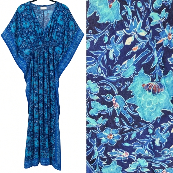 Rujuta Sheth Boho Resort Garden Marie Cinched Kaftan Maxi Dress Blue S/M - Picture 1 of 14
